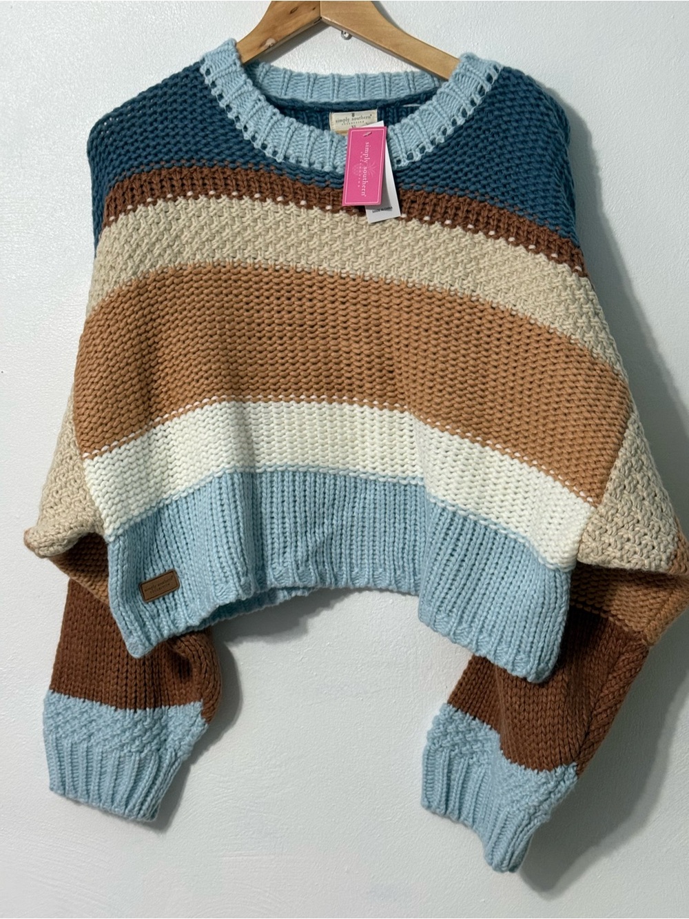 Simply Southern Striped Cropped Sweater - Light Blue, CreamBrown XL new with tag
